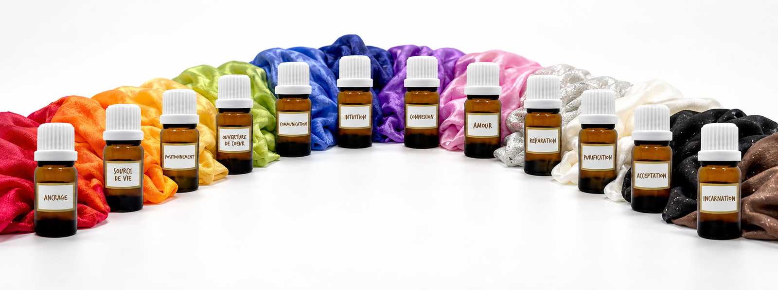 Les douze huiles essentielles Coloreliance en arc-en-ciel