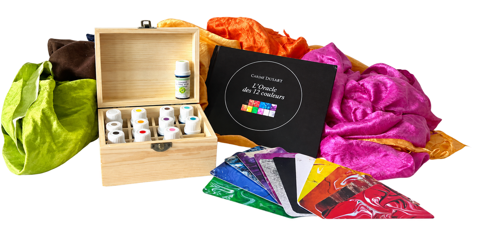 Coffret d’huiles essentielles, foulards et Oracle des couleurs Coloreliance