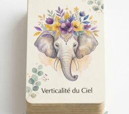 Jeu de cartes Oracle des éléphants, carte Verticalité du Ciel illustrée d’un éléphant fleuri