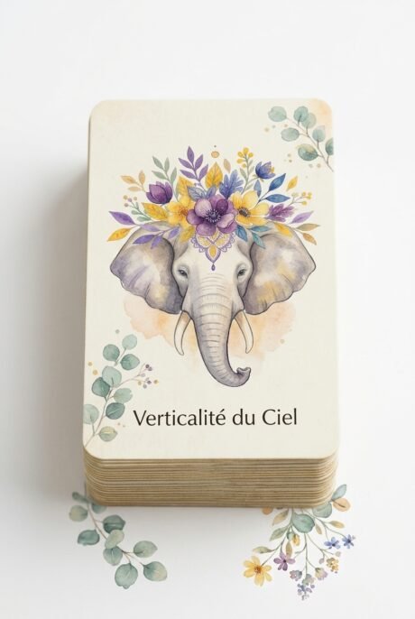 Jeu de cartes Oracle des éléphants, carte Verticalité du Ciel illustrée d’un éléphant fleuri